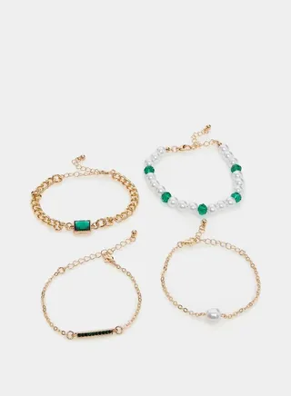 Set of 4 - Faux Pearl and Gem Bracelet