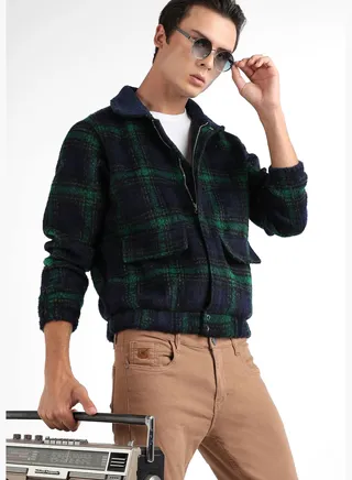 Checkered Spread Collar Long Sleeve Jacket