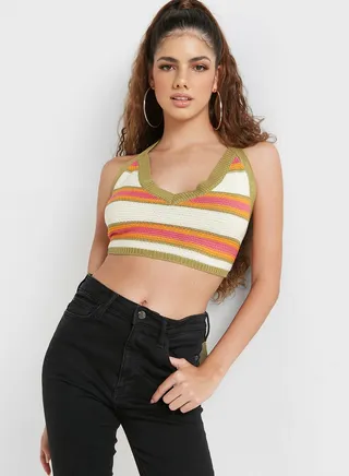 Halter Neck Striped Crop Top