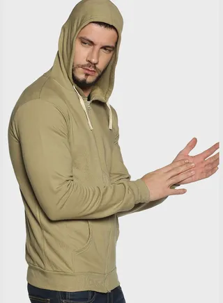 Men Light Olive Solid Hooded Sweatshirt