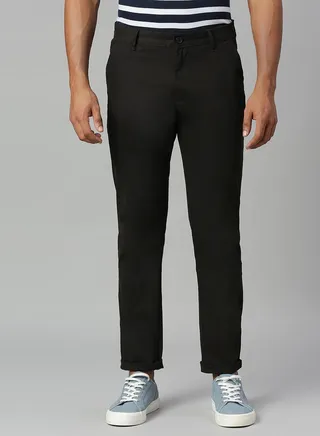 Men's Cotton Solid Casual Trousers, Tapered Fit, Mid Rise, Stretchable Ankle Length Chino Trouser Pant for Men (B101_Black,