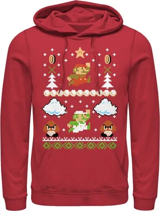Men's Nintendo Ugly Christmas Super Mario Pull Over Hoodie - Red - X Large