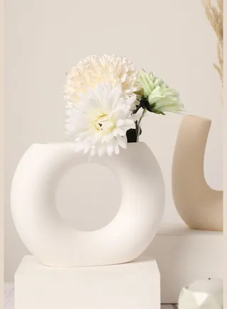 Modern Chalk Solid Round Ceramic Donut Flower Vase For Home Decor