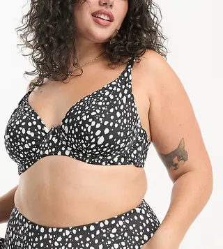 ASOS DESIGN Curve mix and match step front underwire bikini top in mono spot print