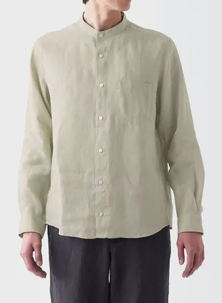 French Linen Washed Stand Collar Shirt