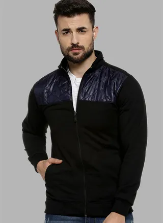 Men's Solid Colour-Blocked Regular Fit Cotton Jacket For Winter Wear