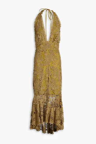 Asymmetric cotton guipure-lace halterneck midi dress