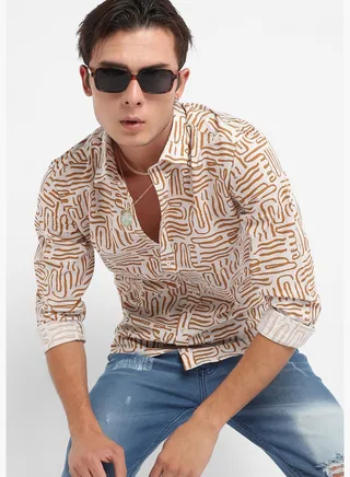 Printed Spread Collar Long Sleeve Shirt