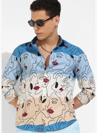 Printed Spread Collar Long Sleeve Shirt