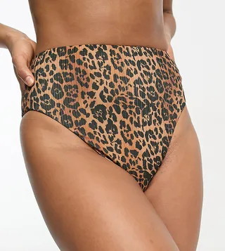 ASOS DESIGN tall mix and match rib high leg high waist bikini bottom in leopard print