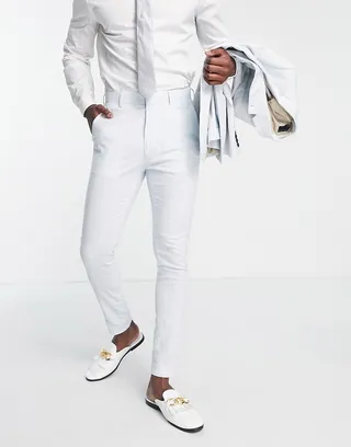 ASOS DESIGN Wedding linen mix super skinny suit pants with prince of wales plaid in light blue