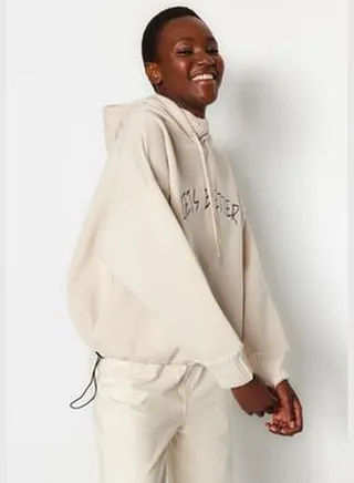Stone Thick Knitted Sweatshirt with Fleece Inner Tricot Tape Detailed Hoodie TWOAW22SW1806
