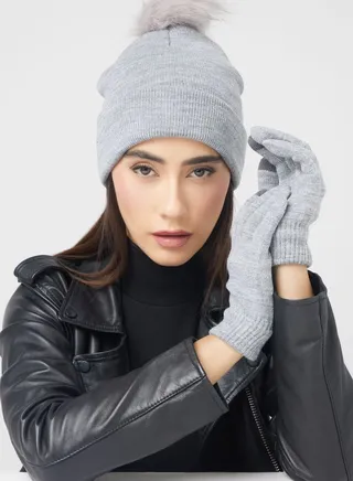 Winter Beanie With Pom Pom  & Glove Set