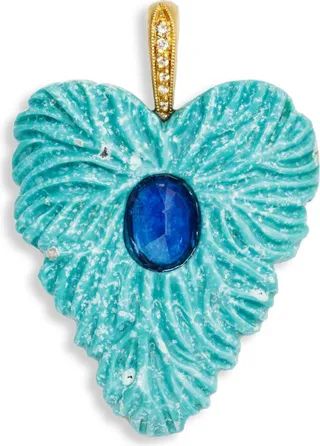 Turquoise and Kyanite Heart Leaf Yellow Gold Charm