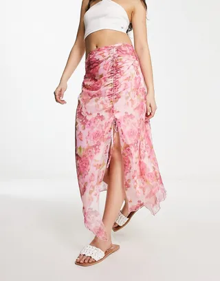 Stradivarius ruched mesh midi skirt in floral print