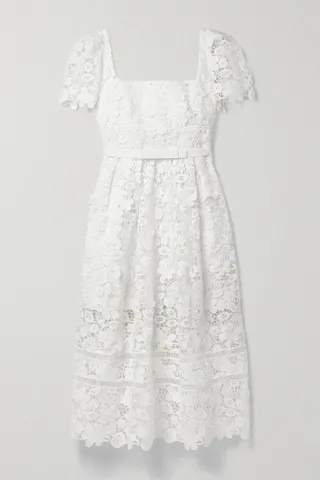 Self-Portrait - Grosgrain-trimmed Guipure Lace Midi Dress - White
