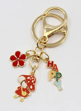 Gold and Red Key Chain with Charms (Happy