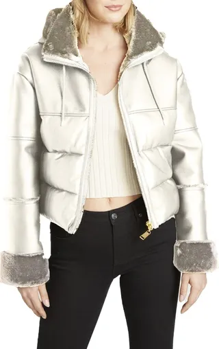 Womens Vegan Leather Faux Fur Quilted Coat
