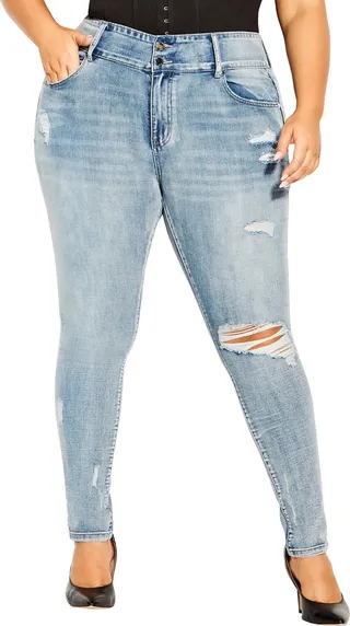 Asha Elena Distressed Cotton Blend Jeans