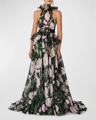 Floral-Print Ruffle High-Neck Rosette-Waist Chiffon Gown
