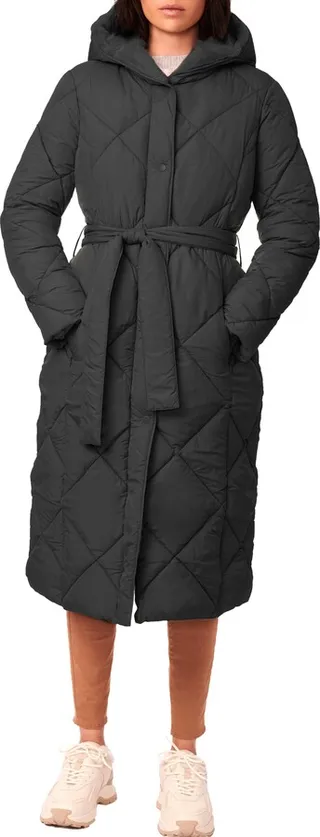 Quilted Tie Waist Recycled Polyester Longline Puffer Jacket