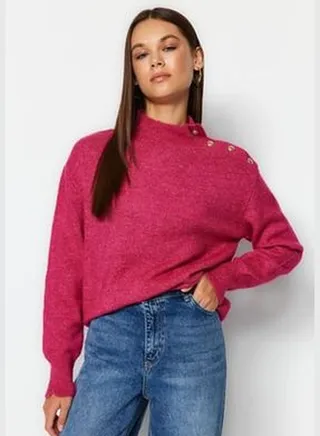 Soft Textured Fuchsia Stand-Up Collar Knitwear Sweater TWOAW24KZ00336