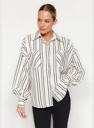 Ecru Striped Oversize/Creature Satin Woven Shirt TWOAW24GO00262