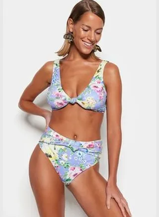 Floral Pattern Knotted High Waist Bikini Bottoms With Regular Leg TBESS23BA00284