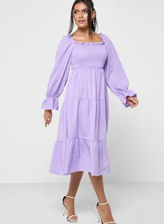 Puff Sleeve Shirred Detail Dress