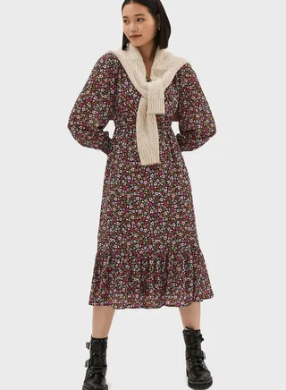 Sheer Ditsy Floral V-Neck Midi Tiered Dress
