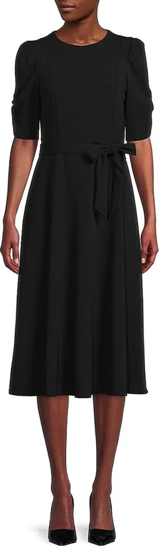 Ruched-Sleeve Midi A-Line Dress