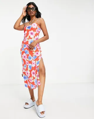 Bershka large floral printed midi dress in red