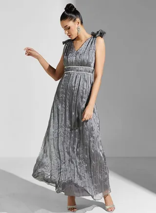 Crinkle Organza Bow Shoulder Maxi Dress