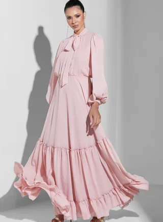 Tie Neck Balloon Sleeve Tiered Dress