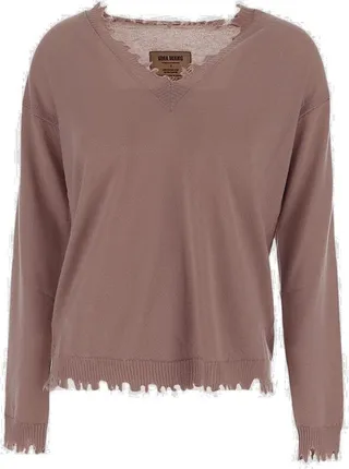 Uma Wang Distressed-Effect V-Neck Jumper