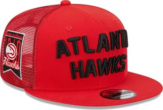 Men's New Era Red Atlanta Hawks Stacked Script 9Fifty Trucker Snapback Hat