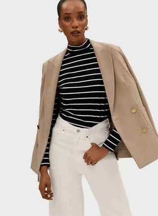 Cotton Rich Striped Funnel Neck Fitted Top