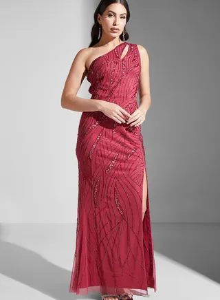 Beaded One Shoulder Gown