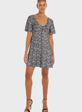 Button Detail Printed Dress