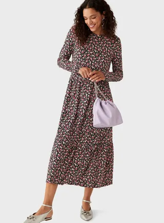 Jersey Printed Round Neck Midi Tiered Dress
