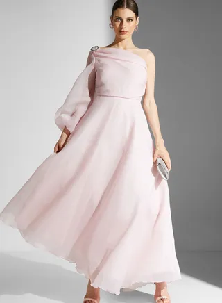 Dana One Shoulder Puff Sleeve Organza Dress