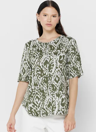 Pure Linen Printed Round Neck Top