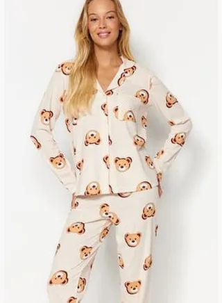 Ecru 100% Cotton Teddy Bear Printed Shirt-Pants and Knitted Pajamas Set THMAW24PT00002