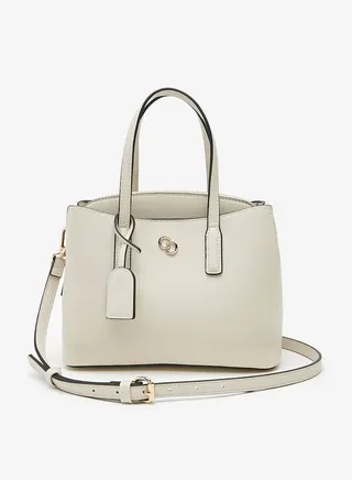 Women's Solid Logo Detail Tote Bag with Double Handles and Zipper Closure