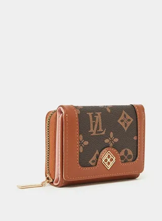Monogram Print Bi-Fold Wallet with Zip and Flap Closure
