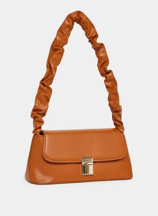 Gathered Strap Shoulder Bag with Push Lock Closure