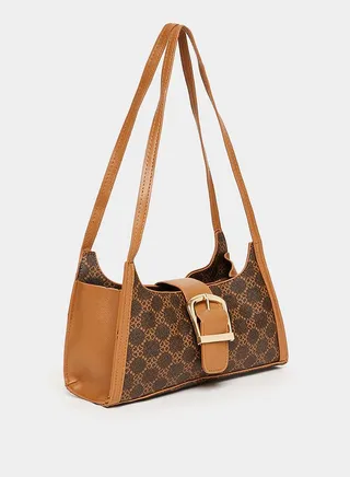 Monogram Print Shoulder Bag with Buckle Detail