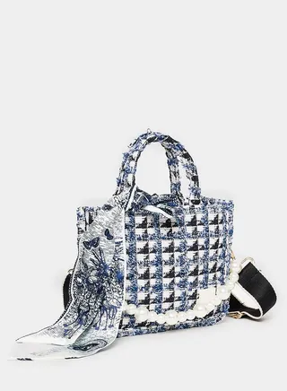Ribbon Detail Tweed Tote Bag With Pearl Chain