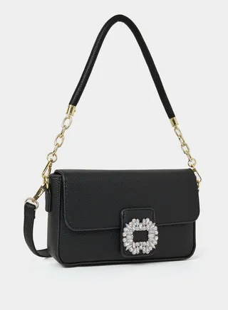 Embellished Front Chain Detail Shoulder Bag