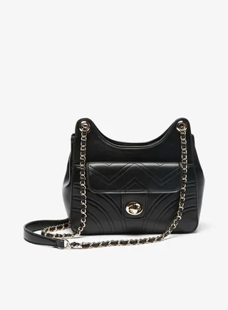 Womens Solid Shoudler Bag with Chain Accented Handle and Zip Closure By Shoexpress